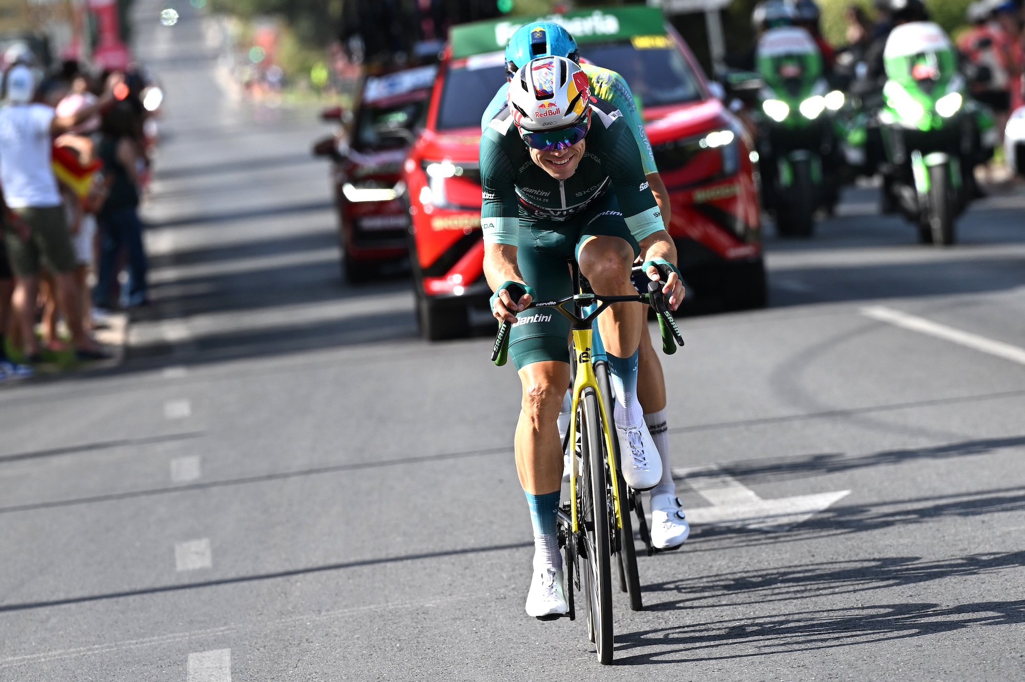Stage winner Wout Van Aert of Visma | Lease a Bike rides in the Green Points Jersey as he leads the breakaway