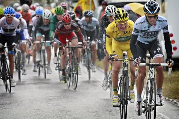 Alberto Contador makes his first attack on the Col de Manse, which drew an immediate response from race leader Thomas Voeckler.