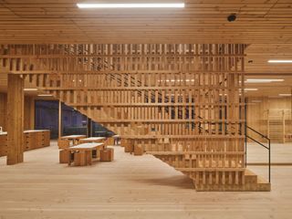 Elaborate staircase structure at all-timber Austrian Kindergarten