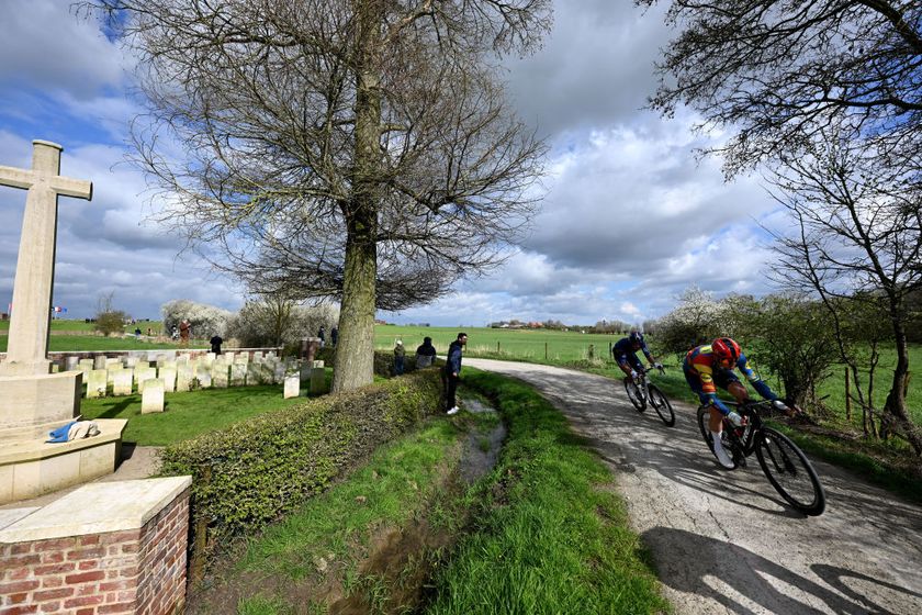 WEVELGEM BELGIUM MARCH 24 Mads Pedersen of Denmark and Team Lidl Trek competes in the breakaway passing through the Plugstreets during the 86th GentWevelgem in Flanders Fields 2024 Mens Elite a 2531km one day race from Ieper to Wevelgem UCIWT on March 24 2024 in Wevelgem Belgium Photo by Tim de WaeleGetty Images