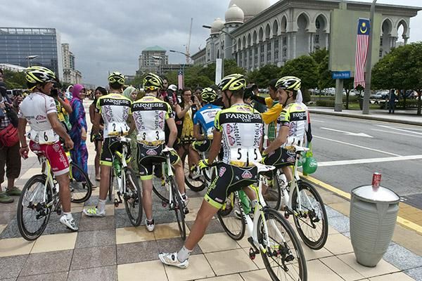 The Farnese Vini/Neri Sottoli riders await their stage winning teammate, Andrea Guardini, to finish media commitments in Putrajaya.