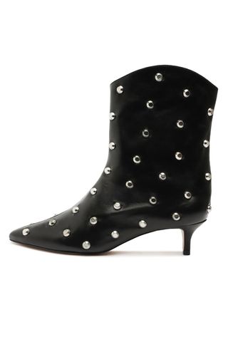 Miss Left Women Unique Studded Round Rivets Ankle Boots Pointed Toe Low Kitten Heel Slip on Short Boots Ladies Fashion Party Casual Booties Size 9 Black