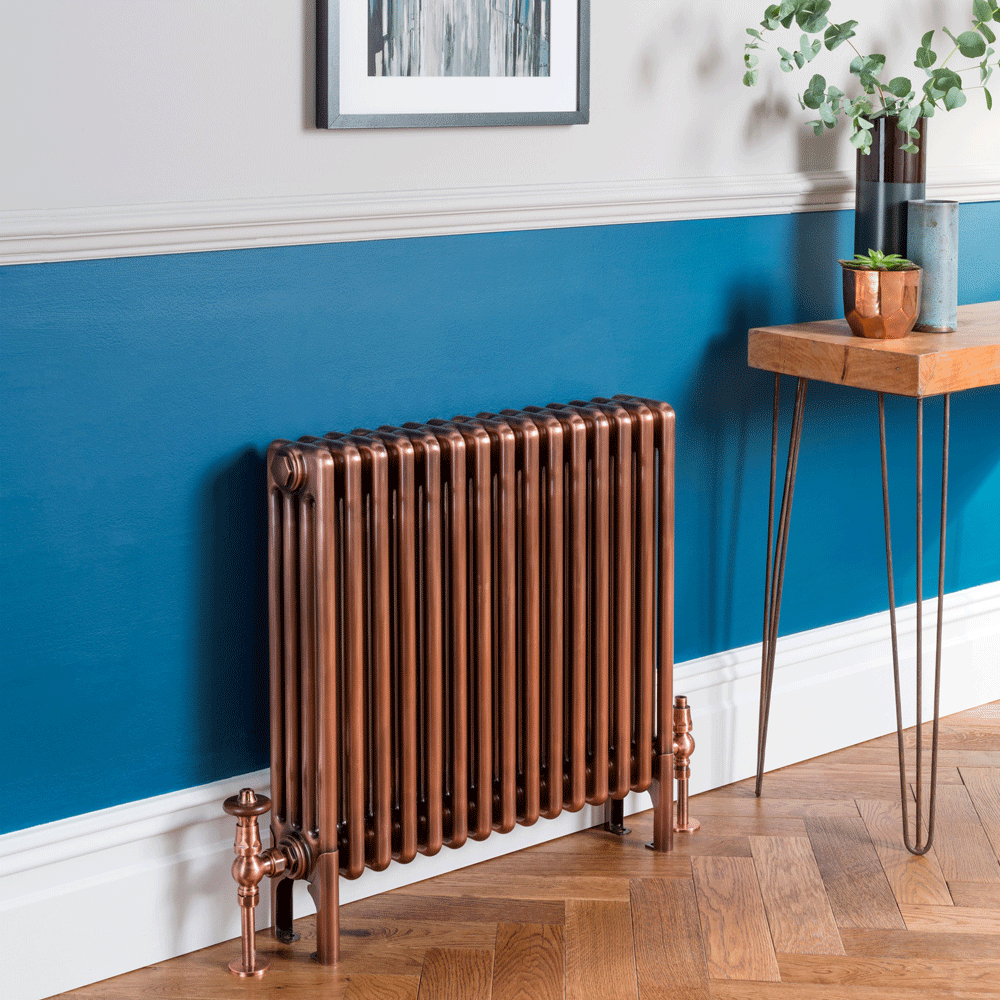 room with radiator wooden floor and blue wall