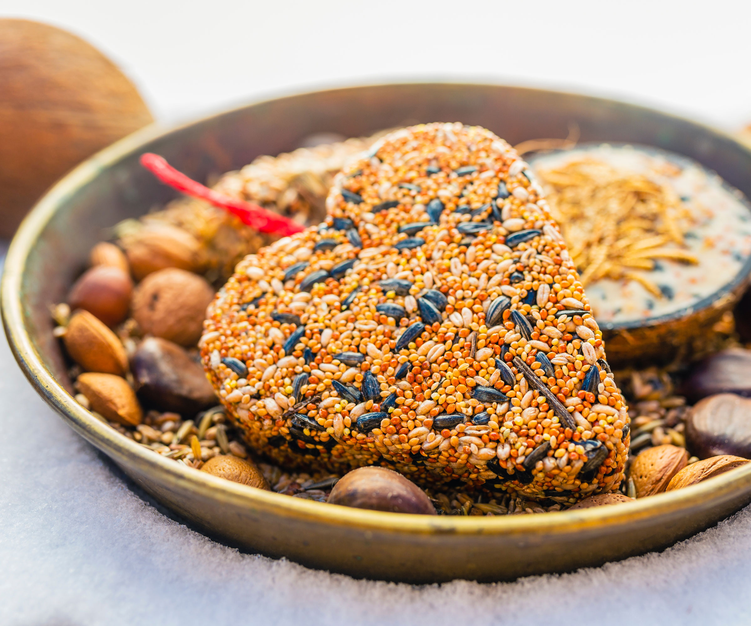 mixed bird food in dish with heart shaped seed treat tied in ribbon