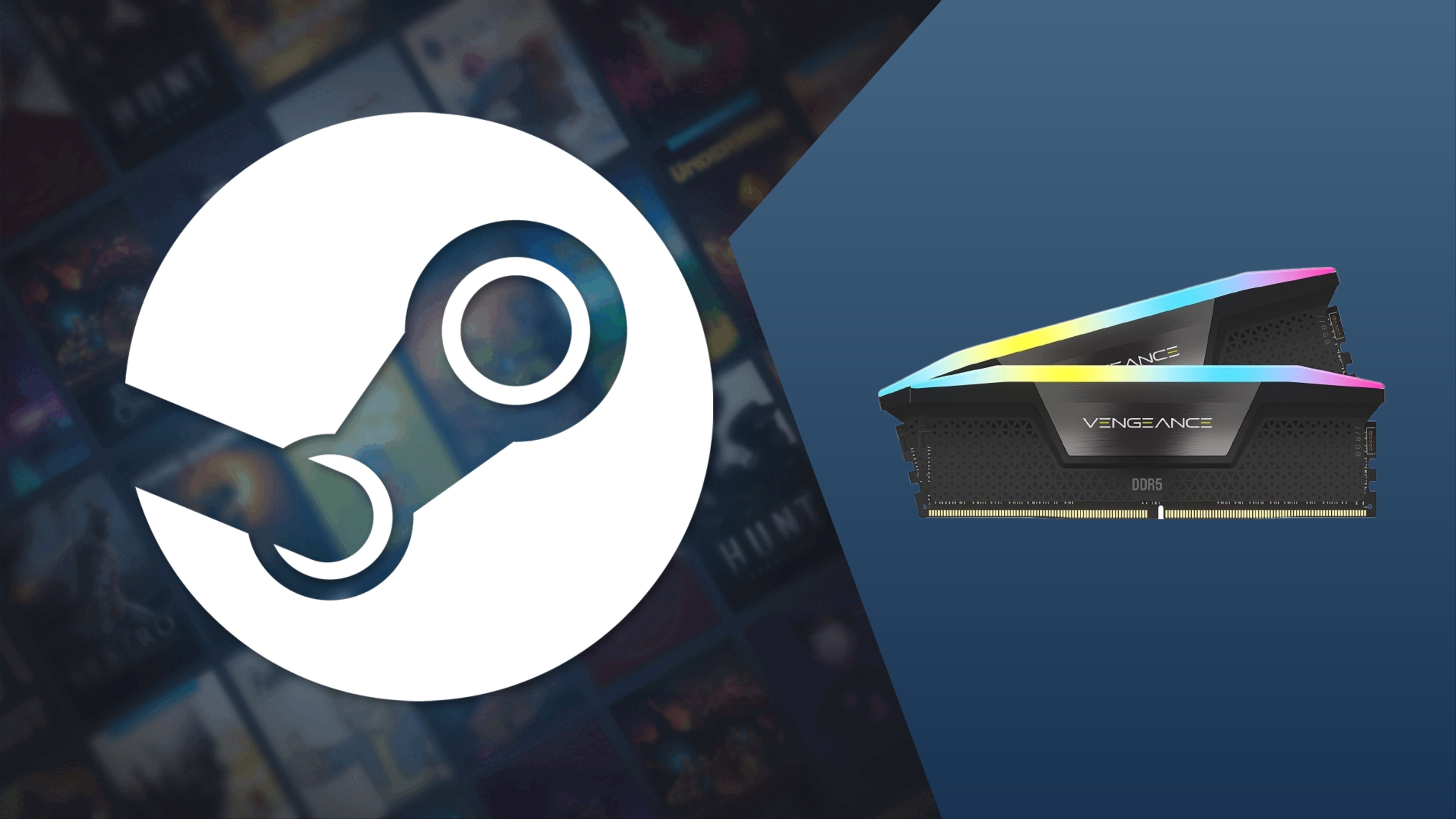 Steam logo alongside Corsair Vengeance RAM sticks