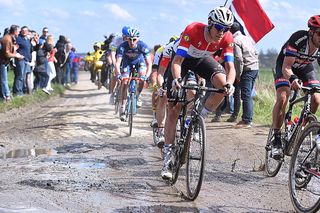 Riders negotiate the cobbles at Paris-Roubaix