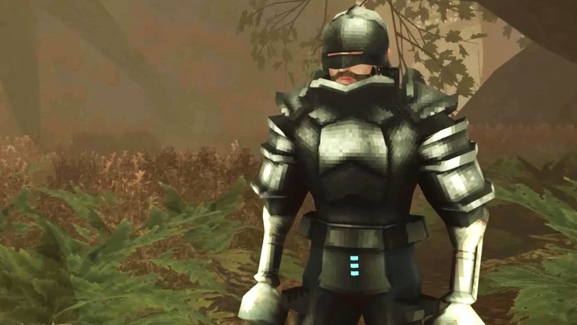 Knight in greysh-black armor in green and brown swamp environment