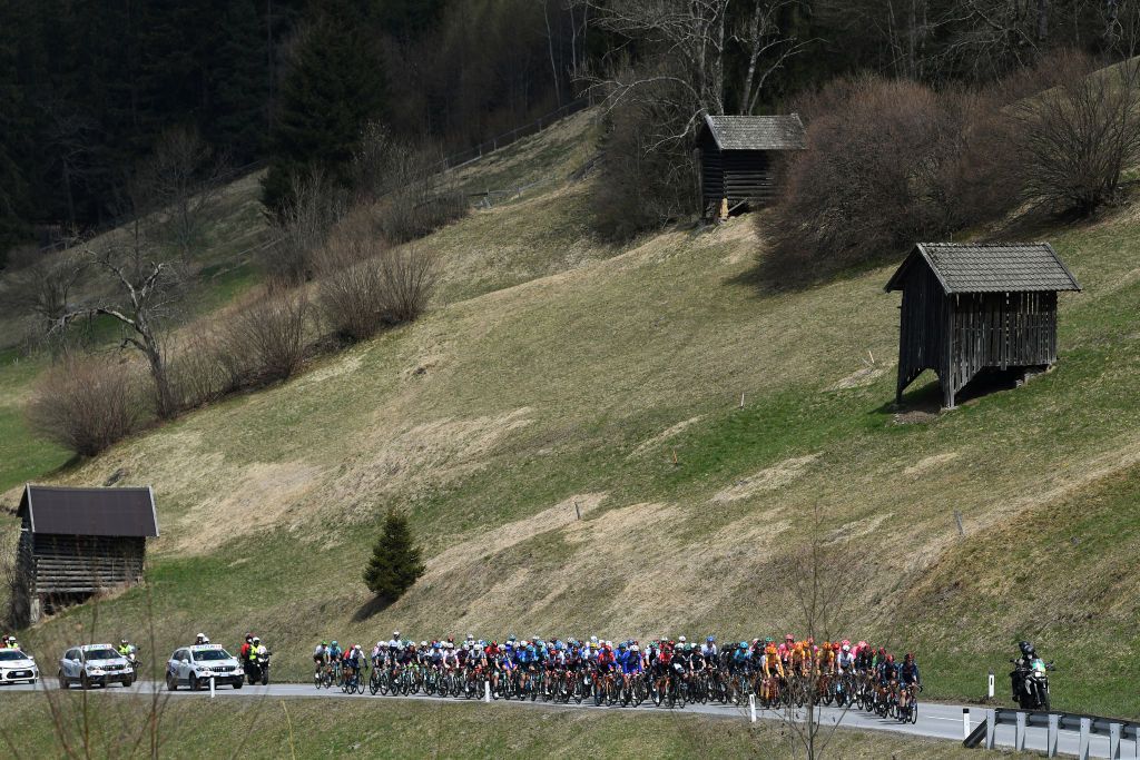 FEICHTEN IM KAUNERTAL AUSTRIA APRIL 20 The Peloton passing through an Alpine Landscape during the 44th Tour of the Alps 2021 Stage 2 a 1215km stage from Innsbruck to Feichten im Kaunertal 1291m TourofTheAlps TouroftheAlps on April 20 2021 in Feichten im Kaunertal Austria Photo by Tim de WaeleGetty Images