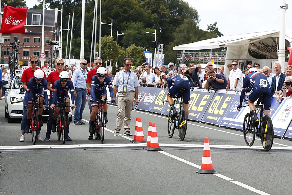 Corentin Ermenault of France / Damien Gaudin of France / Dorian Godon of France / Coralie Demay of France / Eugenie Duval of France / Pascale Jeuland of France / during the 25th UEC Road European Championships 2019 - Mix Relay