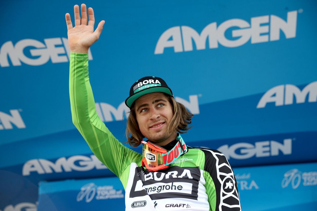 Points leader Peter Sagan went with ski goggles at the podium presentation