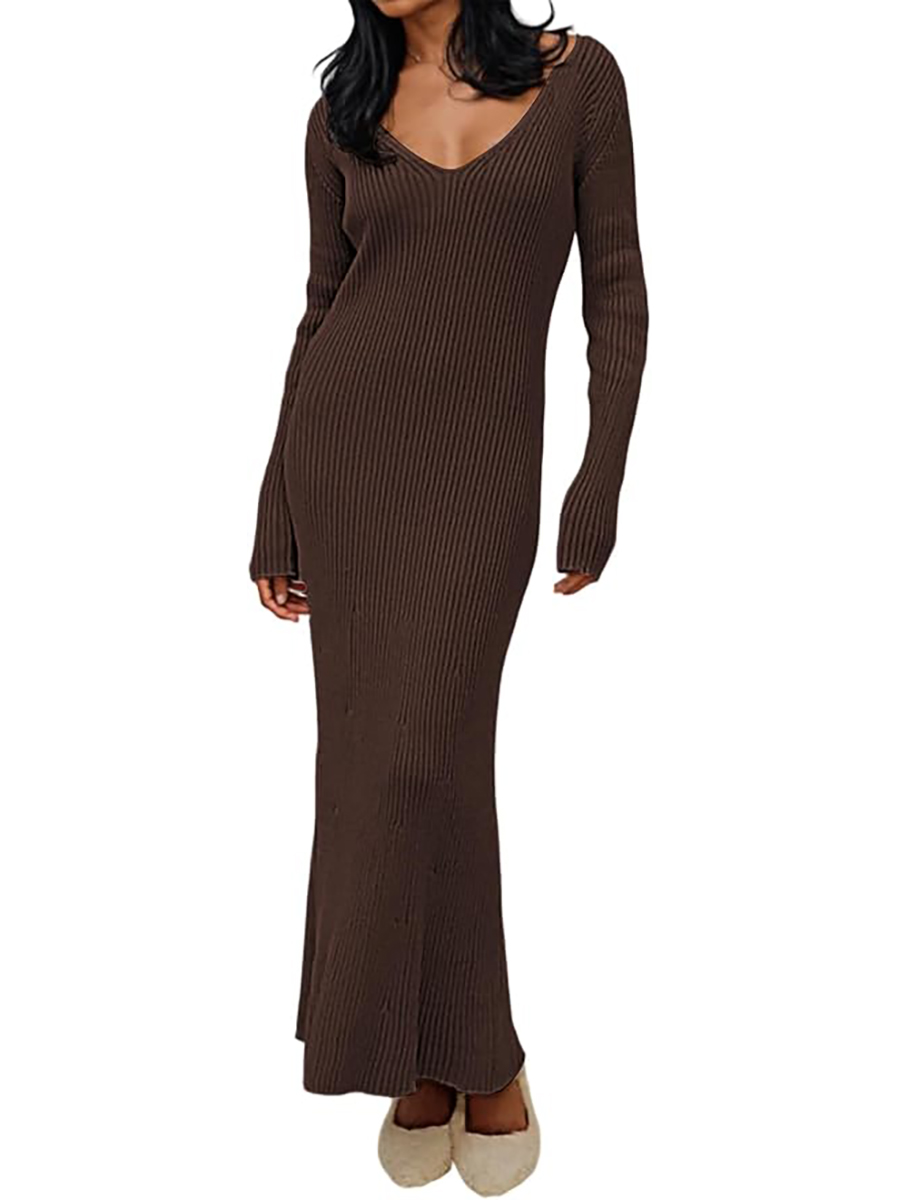 Kwunbwa, Kwunbwa Womens Fall Sweater Dress Casual Long Sleeve V Neck Ribbed Knit Maxi Dress Bodycon Elegant Long Dresses Winter Brown