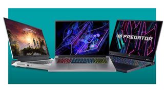 The Dell G16, Acer Predator Helios 18 and Acer Predator Neo 16 gaming laptops on a teal deals background