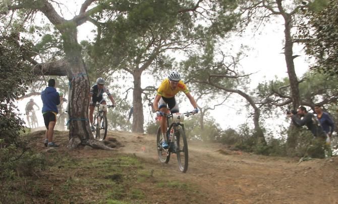 Race leader Fabian Giger leads Emil Lindgren in the final stage of the Afxentia Stage Race