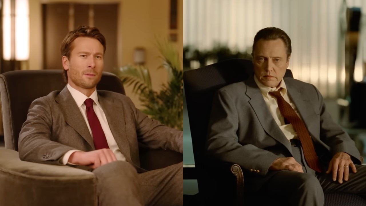 Side by side of Glen Powell in his Nov 2025 SNL promo and Christopher Walken in Fatboy Slim&#039;s &amp;quot;Weapon of Choice&amp;quot; music video.