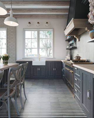 Striped kitchen floor and dark blue kitchen cabinets