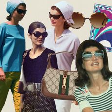 Photos of Jackie Kennedy Onassis in different late '60s and '70s-era summer staples.