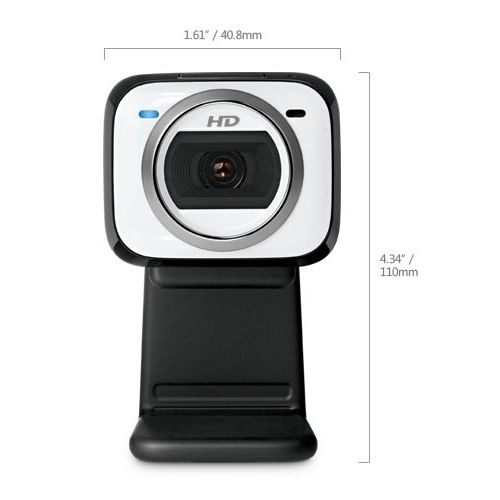Screenshot image shows the Microsoft LifeCam HD-5001 webcam and its basic dimensions.