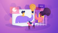 An abstract illustration of a person delivering online training and ideas to three other people