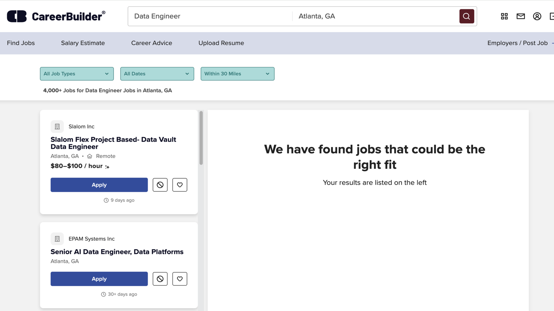 Filtering job listings on CareerBuilder