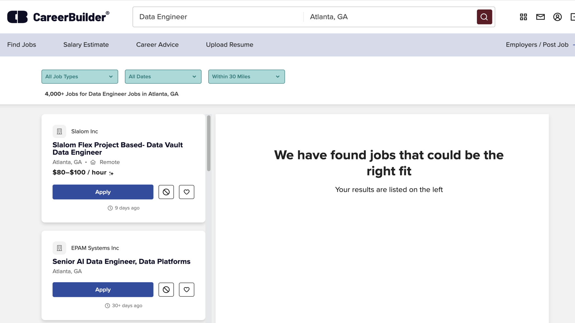 Filtering job listings on CareerBuilder