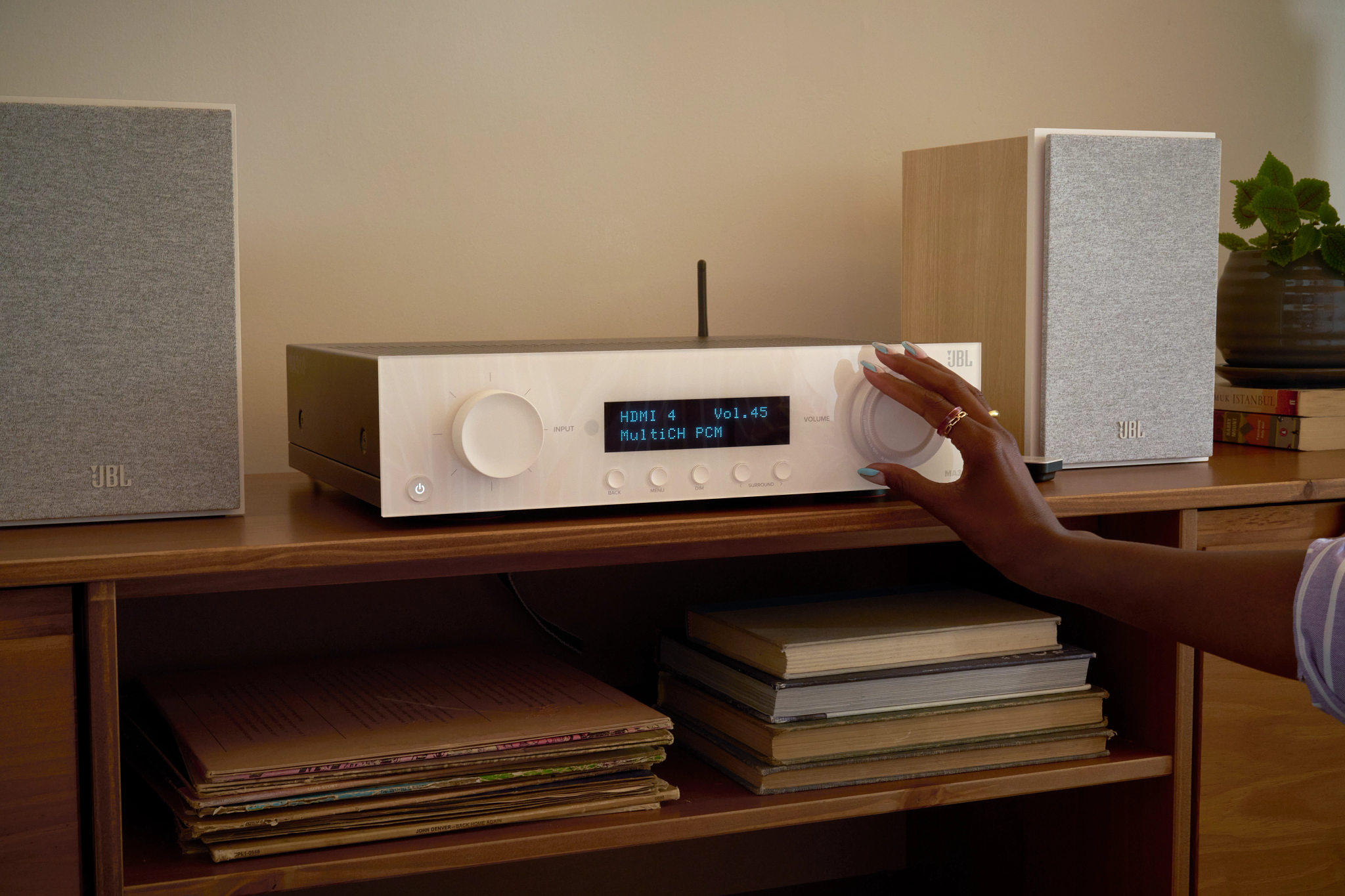 A JBL receiver in a modern living room