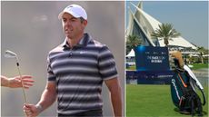 Rory McIlroy and his bag at Dubai Creek Golf Club during the 2026 Dubai Invitational