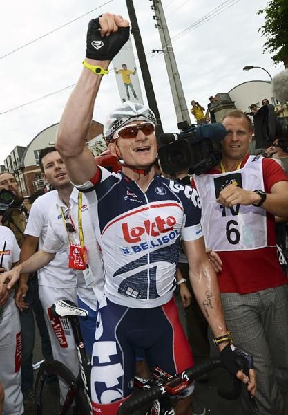 Stage 5 winner Andre Greipel (Lotto Belisol) makes his way to the podium.