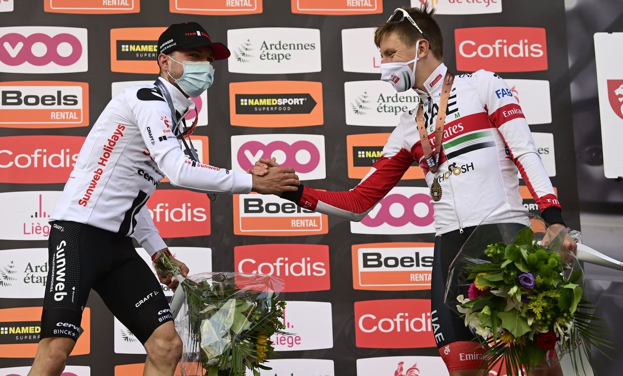 Liege Bastogne Liege 2020 106th Edition Liege Liege 257 km 04102020 Marc Hirschi SUI Team Sunweb Tadej Pogacar SLO UAE Team Emirates photo Peter De VoechtPNBettiniPhoto2020