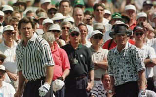 Greg Norman and Nick Faldo during the final round of the Masters