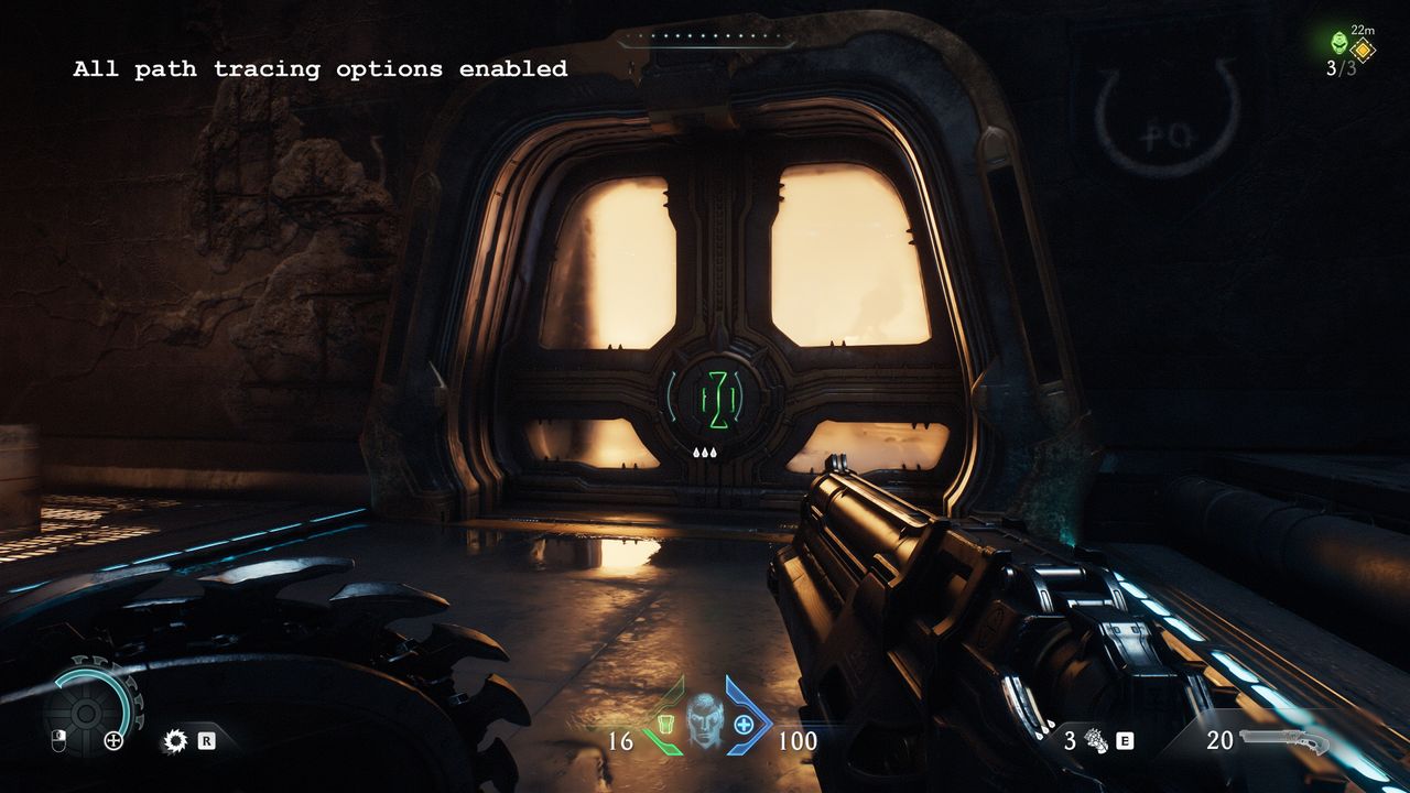 A screenshot of the PC version of Doom: The Dark Ages, showing the visual impact of using path tracing