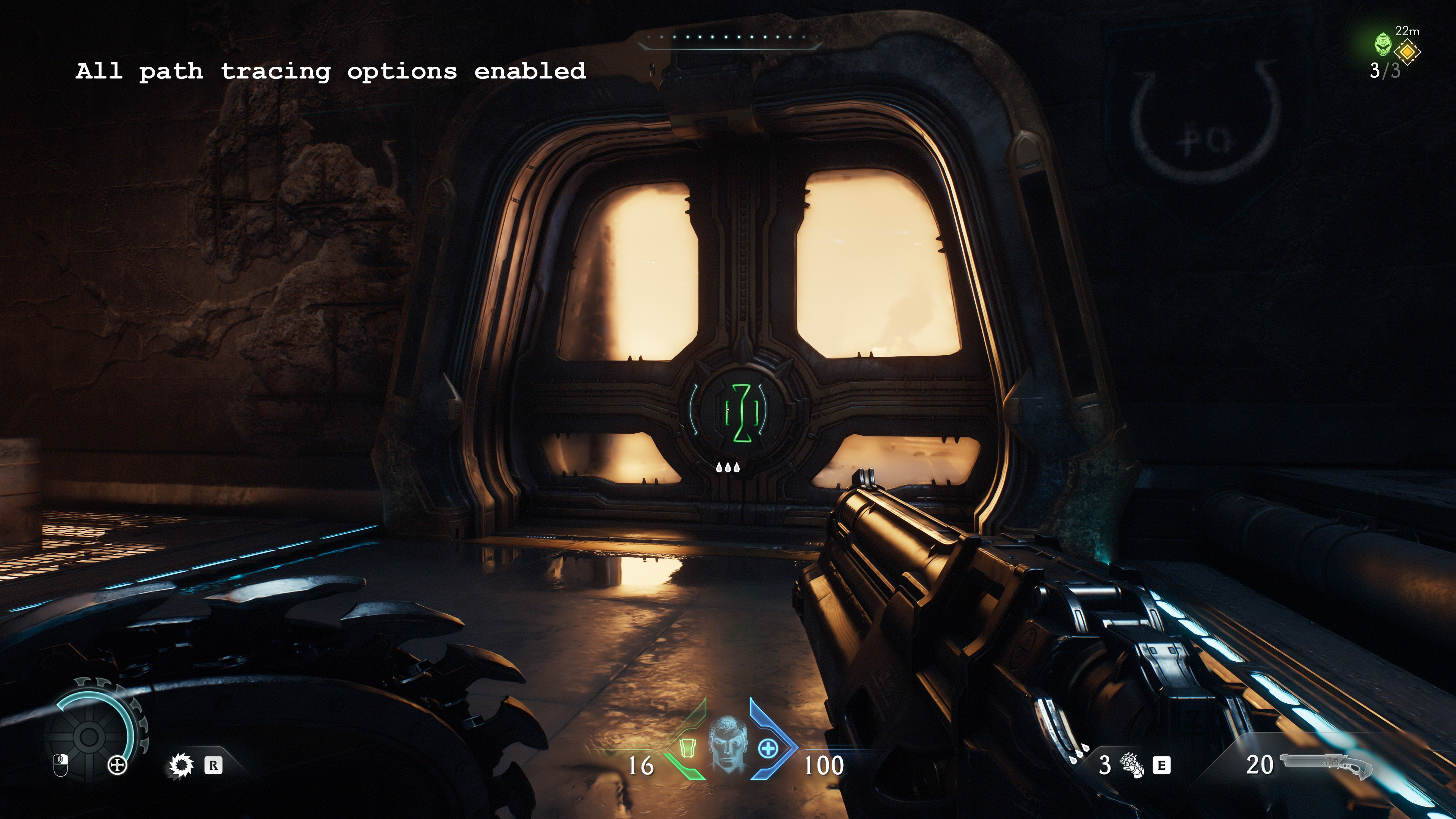 A screenshot of the PC version of Doom: The Dark Ages, showing the visual impact of using path tracing
