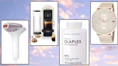 a collection of images of the best Prime Early Access deals against a pink and blue cloud background, including the Philips Lumea IPL machine, a Nespresso coffee machine, a bottle of Olaplex No.3 and a Tommy Hilfiger watch
