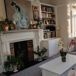 room with fireplace and bookshelves