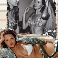 collage of the Burberry check bikini on Kate Moss and models