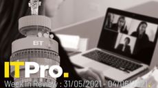 A greyscale image of the BT Tower overlayed on a picture of someone in a Zoom meeting