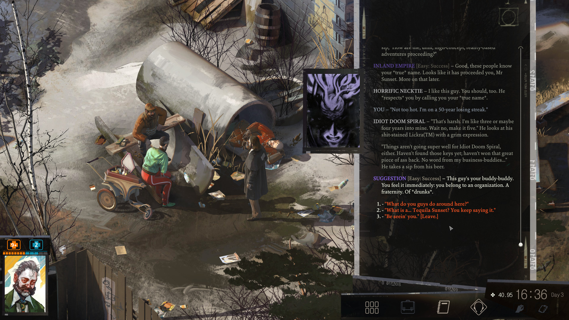 In Disco Elysium, detective Harry Du Bois speaks to two men who sit on a concrete cylinder. The dialogue responses and preceding conversation can be seen on the right-hand side of the screen