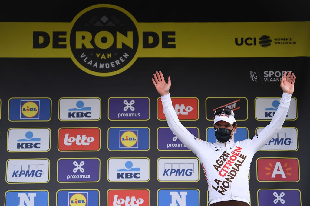 OUDENAARDE BELGIUM APRIL 04 Podium Greg Van Avermaet of Belgium and Team AG2R Citren Team during the 105th Ronde van Vlaanderen Tour of Flanders 2021 Mens Elite a 2515km race from Antwerp to Oudenaarde Mask Covid Safety Measures RVV21 rondevanvlaanderen tourofflanders on April 04 2021 in Oudenaarde Belgium Photo by Tim de WaeleGetty Images
