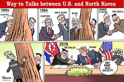 Political cartoon U.S. Kim Jong Un Trump North Korea Singapore nuclear summit Clinton Carter Bush Obama