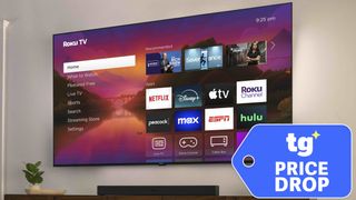 The Roku Pro Series, wall-mounted and displaying its home screen, next to a price tag-shaped badge that reads: "TG Price Drop"