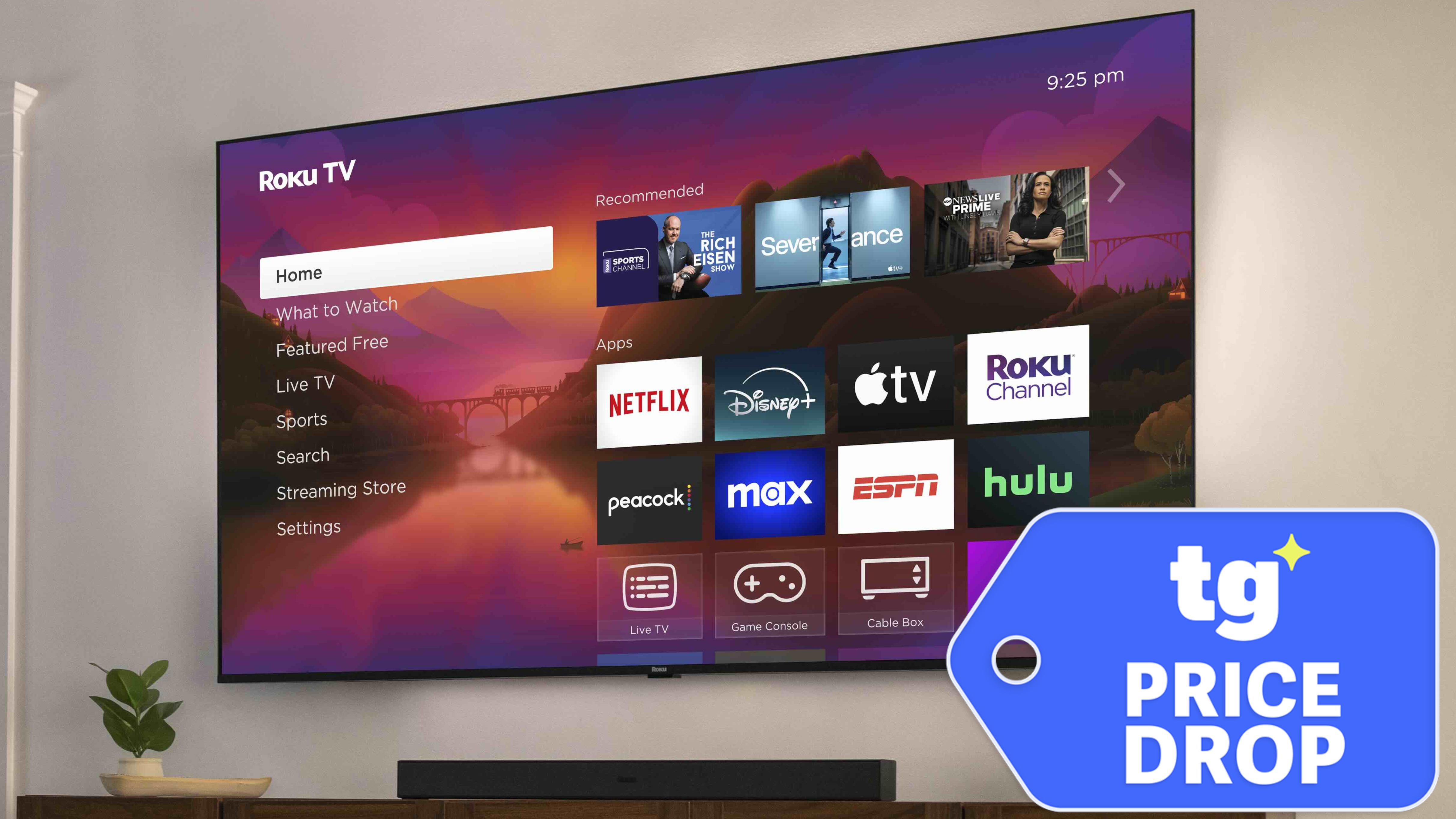 The Roku Pro Series, wall-mounted and displaying its home screen, next to a price tag-shaped badge that reads: "TG Price Drop"