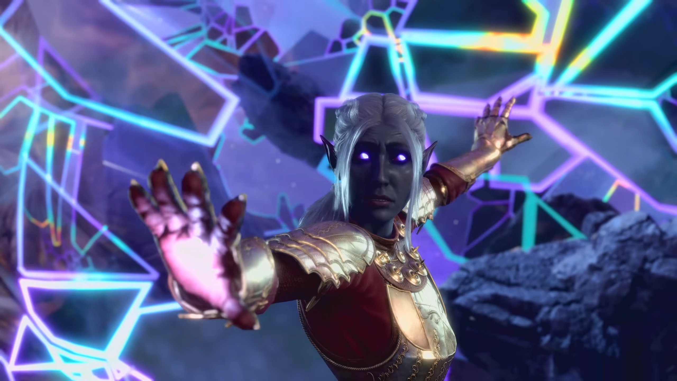 Dark elf turning around reaching hand for camera