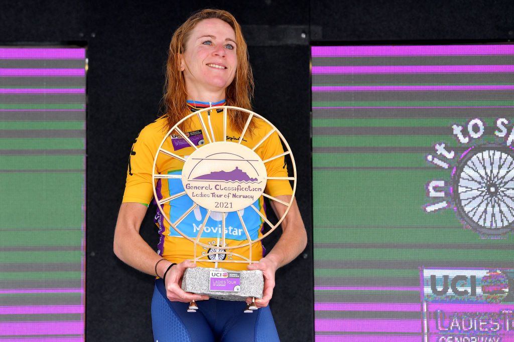 HALDEN NORWAY AUGUST 15 Annemiek Van Vleuten of Netherlands and Movistar Team Women celebrates winning the yellow leader jersey on the podium ceremony after the 7th Ladies Tour Of Norway 2021 Stage 4 a 1416km stage from Drbak to Halden LTourOfNorway LTON21 UCIWWT on August 15 2021 in Halden Norway Photo by Luc ClaessenGetty Images