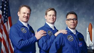 From left:: John C. Reilly as Cap, Tim Heidecker as Rook and Fred Armisen as Skip in Showtime's 'Moonbase'