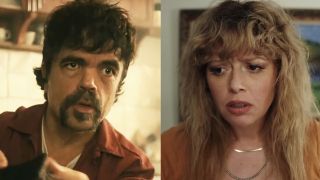 Peter Dinklage with mullet and red shirt staring in The Toxic Avenger (2025), Natasha Lyonne as she appears in Poker Face Season 1. 