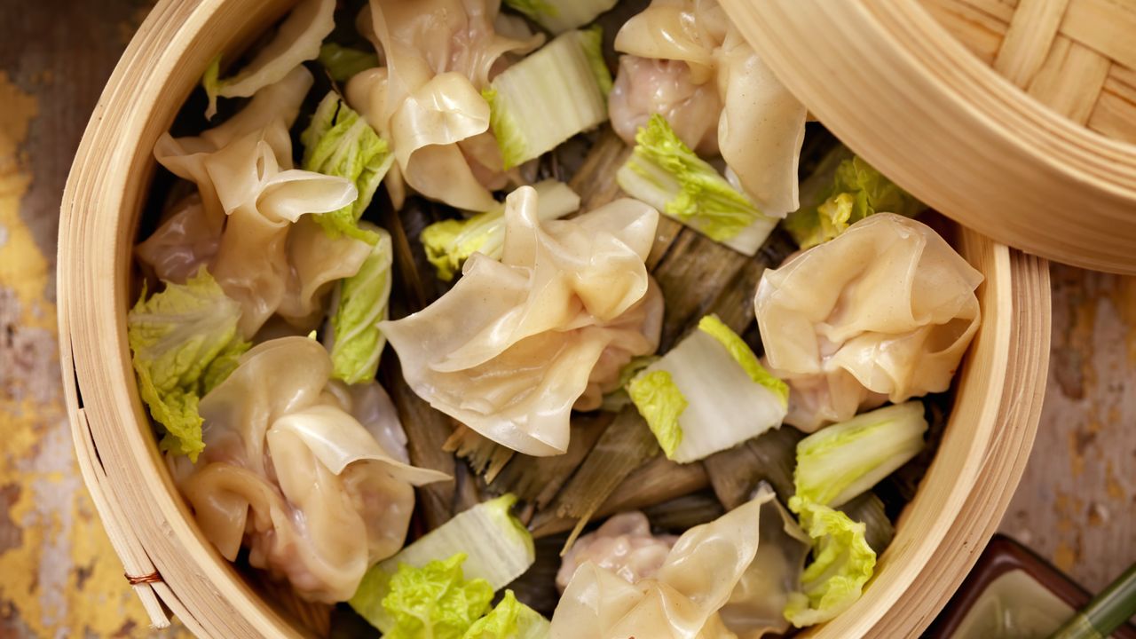 Moneybag wontons in a steamer basket