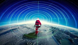 AI generated image from the prompt "Santa tracked by NORAD on RADAR" showing Santa astride the globe with a radar circle around him