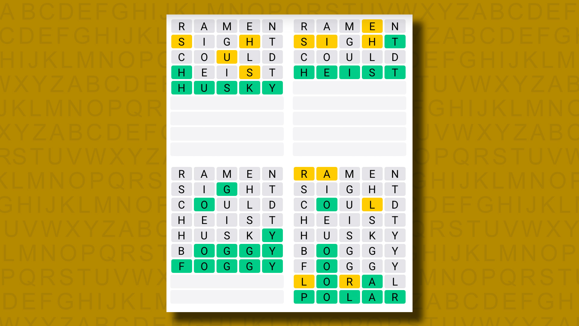 Quordle answers for game 1216 on a yellow background