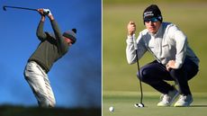 Daniel Berger at the top of his backswing, whilst Joel Dahmen lines up a putt