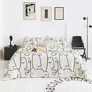 YuHeGuoJi Geometric Duvet Cover Queen 100% Cotton White Black Abstract Face Duvet Cover 3 Pieces Set 1 Modern Drawing Lines Print Duvet Cover with Zipper Ties 2 Pillowcases Soft Artistic Bedding