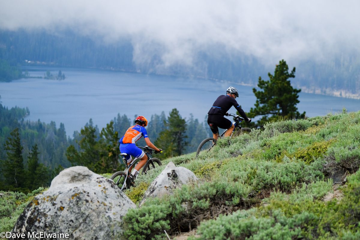 Riders pass by Marlott Lake on the Tahoe Rim Trail
